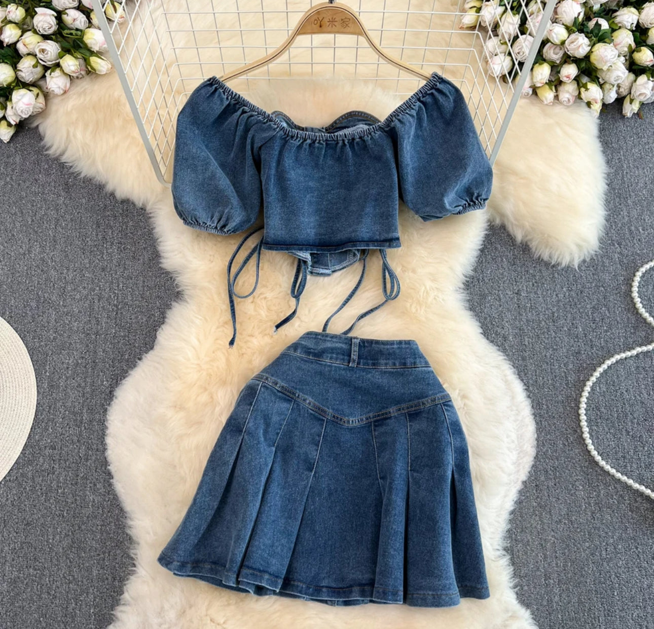 Women's Two Piece Solid Short Sleeve Off Shoulder Frill Trim Party Tie Side Crop Denim Blouse Shirts and Top