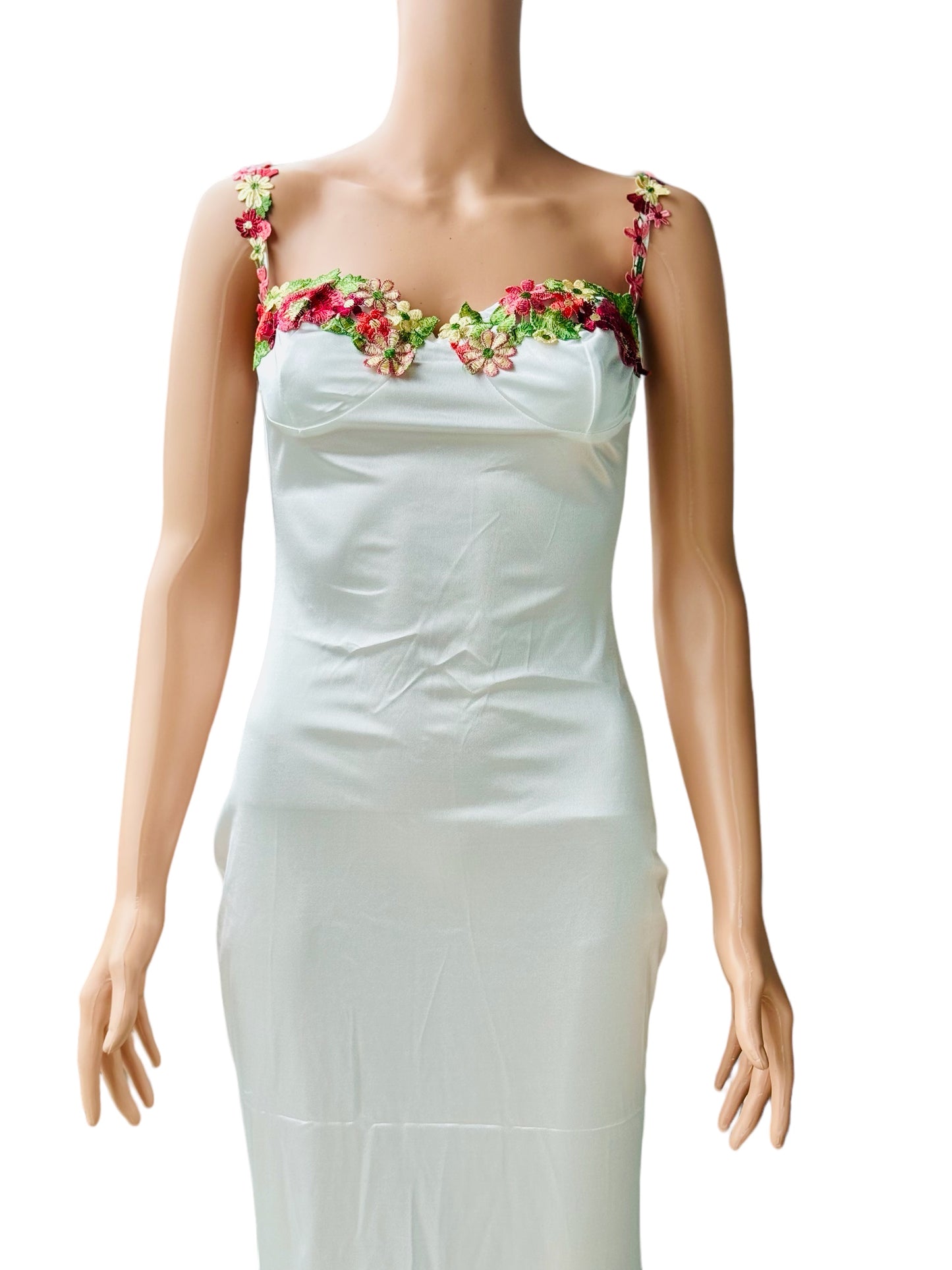 Sexy Satin Spaghetti Strap Floral Embroidered Maxi Dress for Women Sweetheart Neckline Backless Sleeveless Slit Midi Dress
