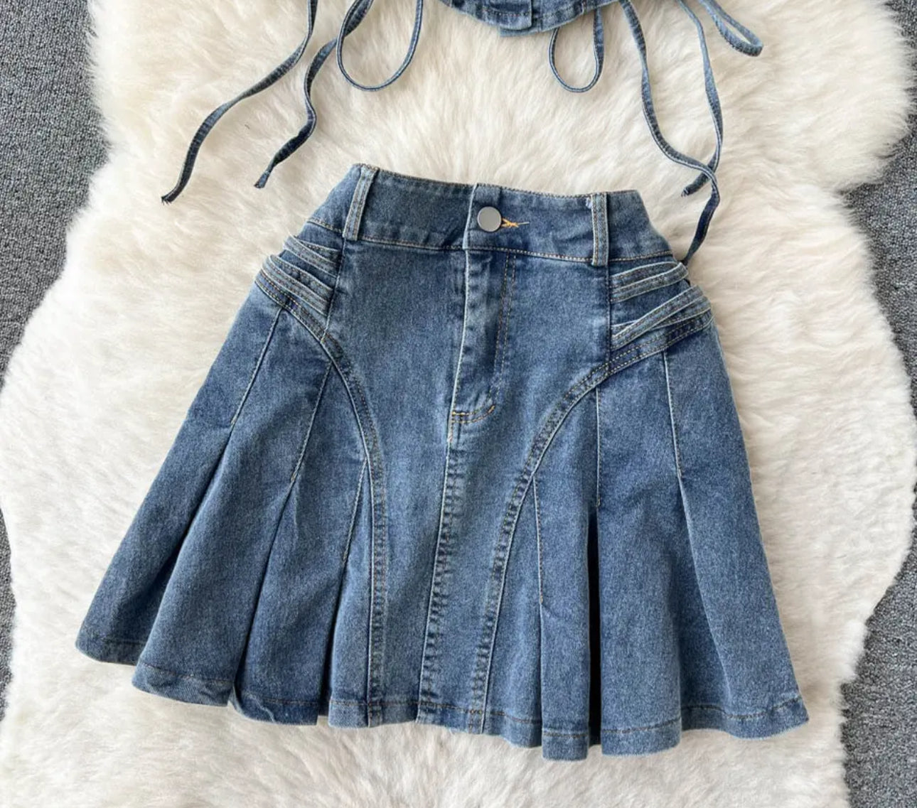 Women's Two Piece Solid Short Sleeve Off Shoulder Frill Trim Party Tie Side Crop Denim Blouse Shirts and Top